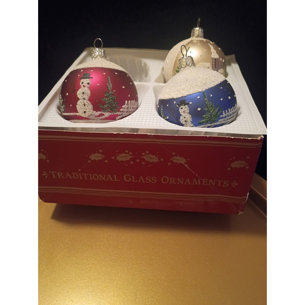 Vintage Style Traditional Glass Christmas Ornaments Snowman Church Set of 3